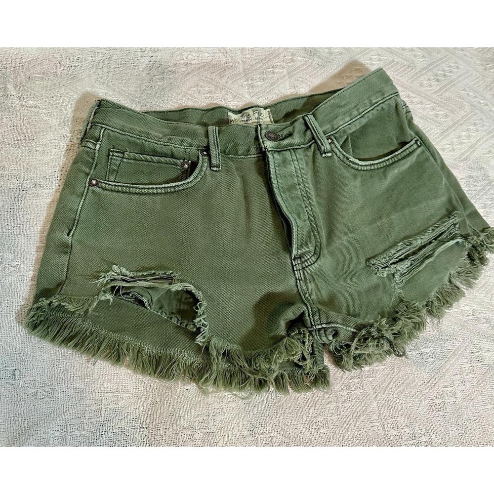 Free People Womens Shorts 27 Army Green Mid Rise Button Fly Cut Off Denim